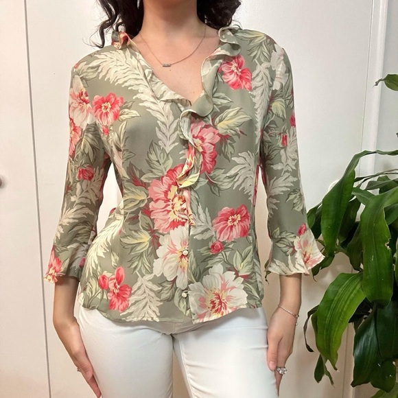 Jones New York Luxury Silk Floral Ruffle Blouse Size Medium - Picture 3 of 8